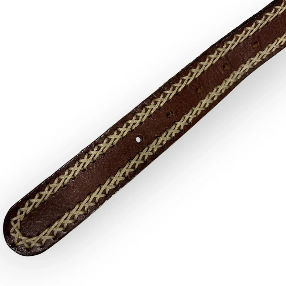 Vintage Brown Leather Whipstitch Belt Brass Buckle Boho Western 36 Inch